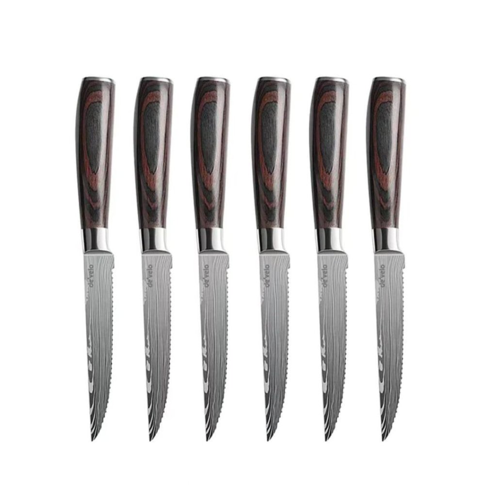 6 Piece Stainless Steel Damascus Patterned Steak Knife Set